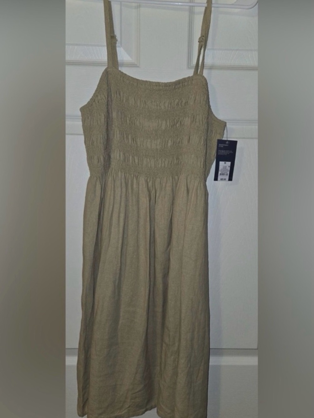 Smocked Linen-Blend Midi Dress in Olive Tan